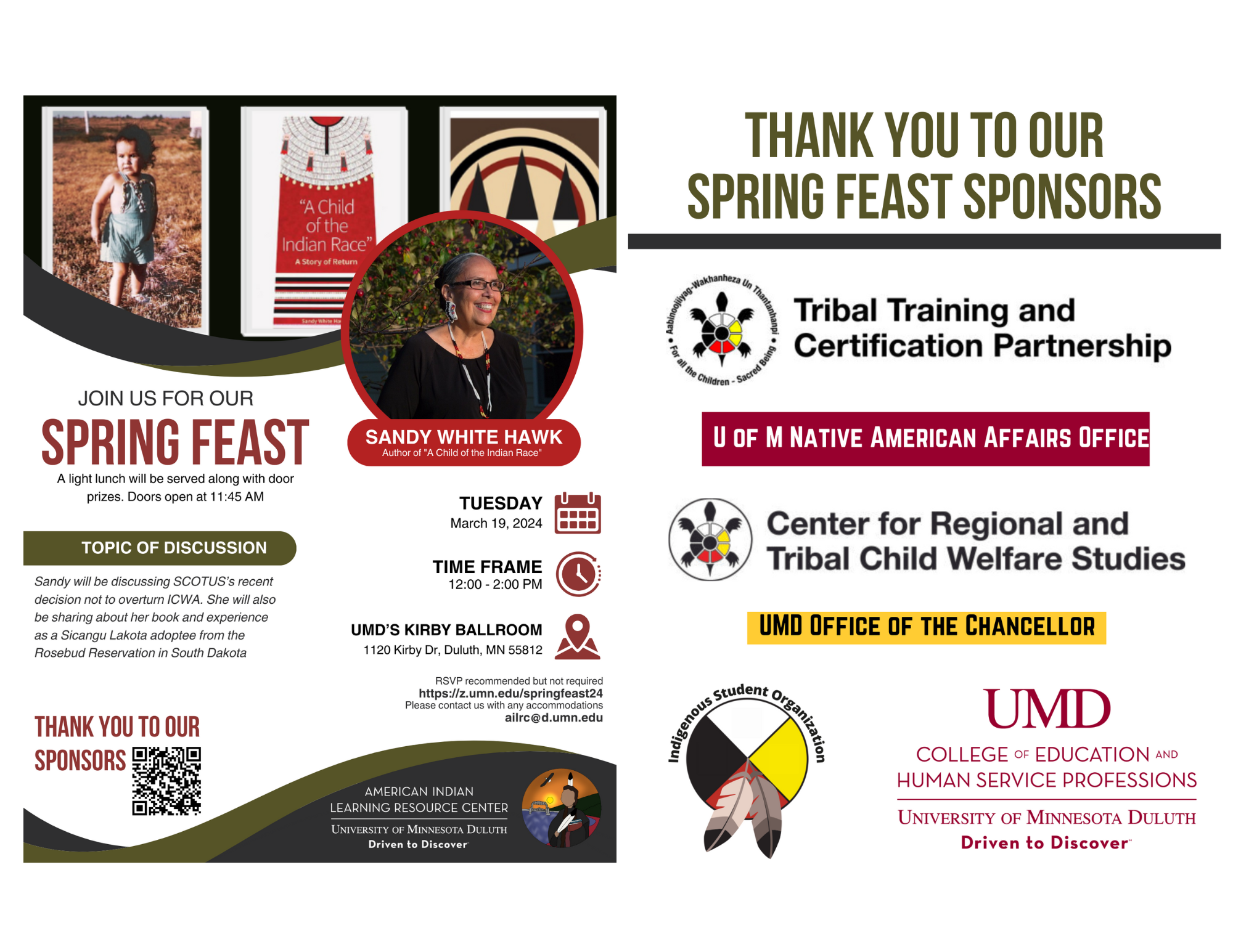 AILRC Spring Feast promotional flyer. Event is on March 19, 2024 from noon to 2 p.m. and will feature a presentation from Sandy White Hawk about the U.S. Supreme Court's decision to not overturn the Indian Child Welfare Act.