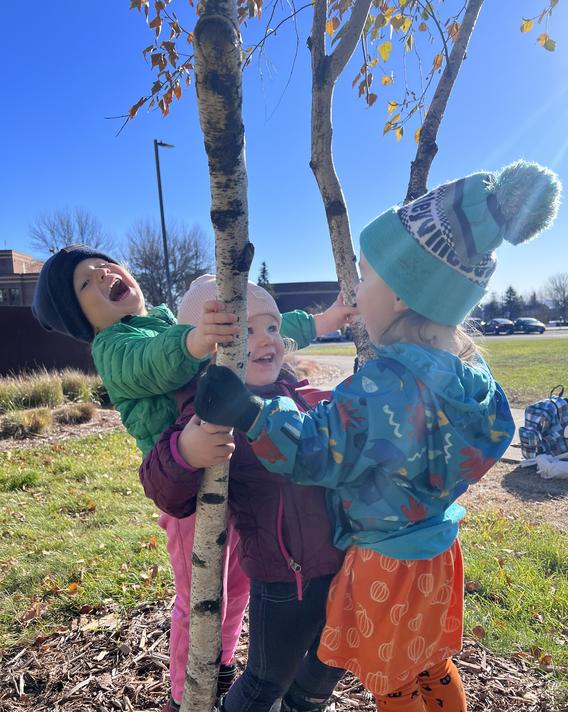 3 preschoolers playing with a tree