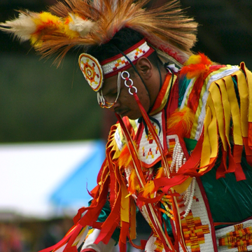Dancing American Indian dressed in traditional garb