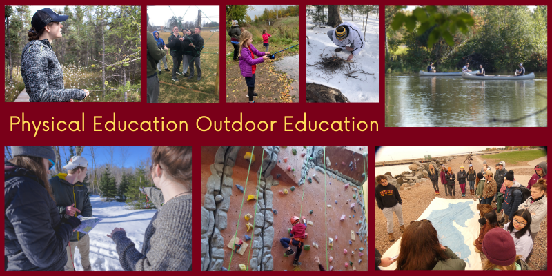 Graphic: "Physical Education Outdoor Education" surrounded by 8 photos of people participating in related activities