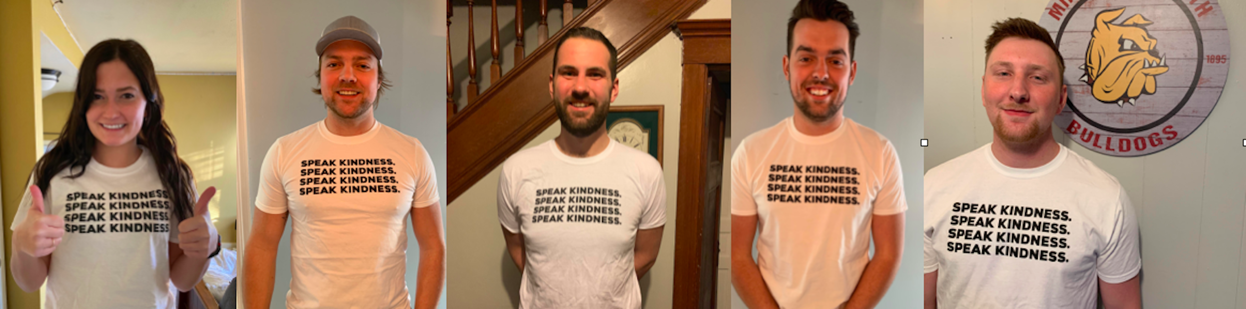 Collage of images of students wearing white t-shirts with "Speak Kindness" written on them 