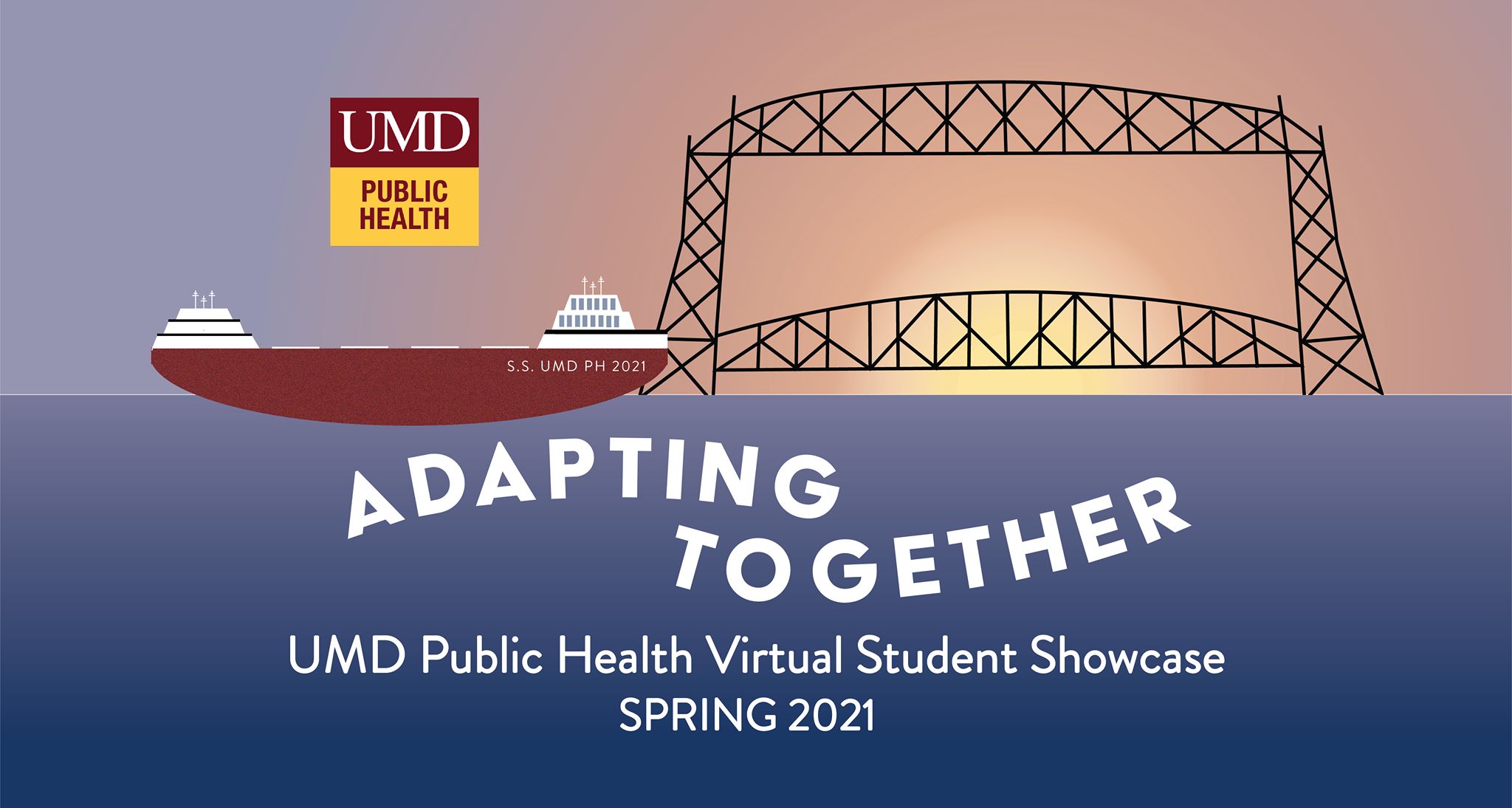 Adapting Together public health showcase graphic with lift bridge, lake and boat