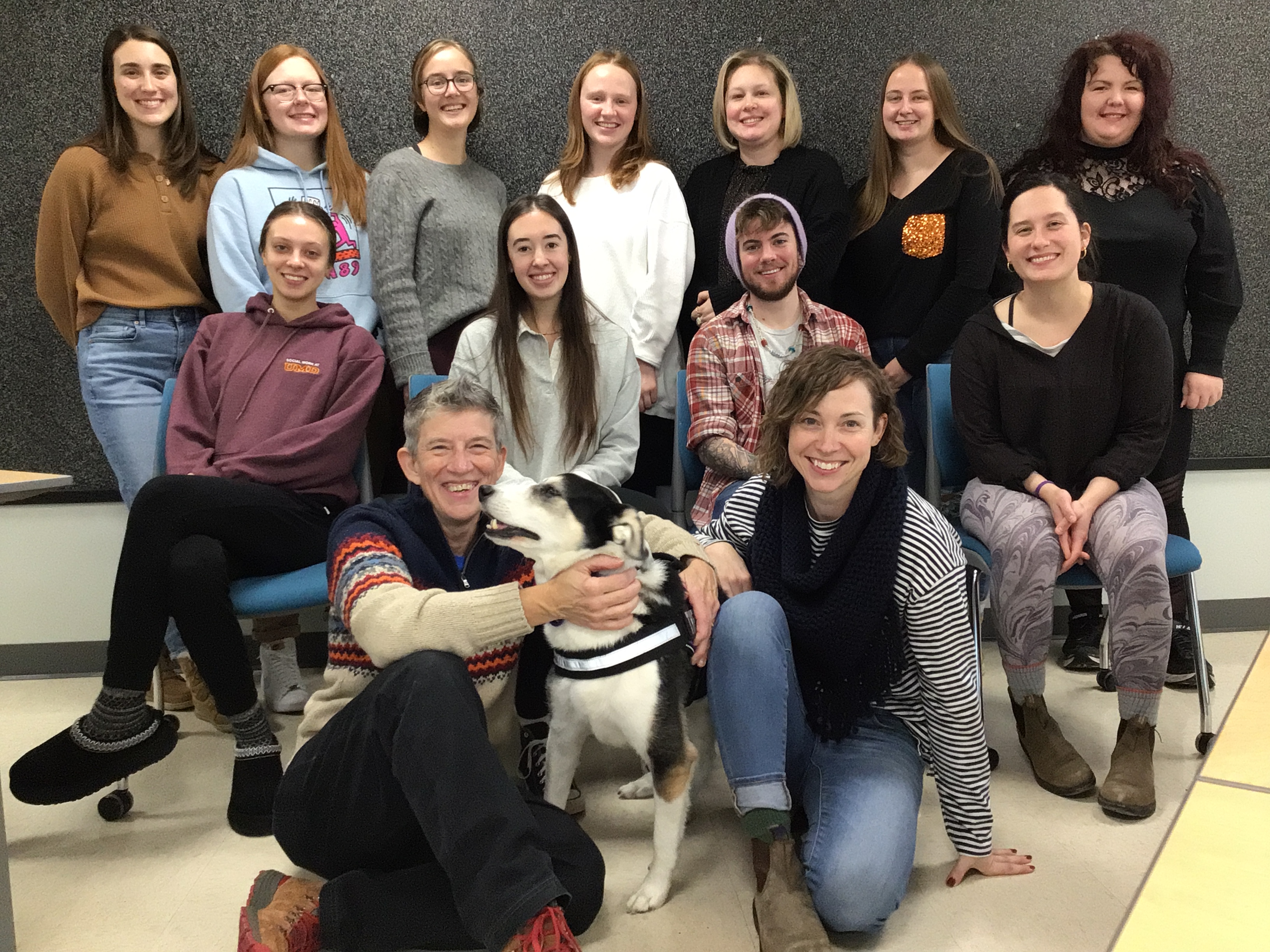 The 2022-2023 MSW PACT Cohort, with Dr. Lake Dziengel (front right) and dog Gryffin