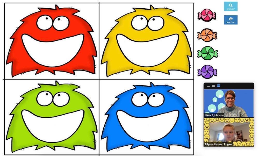Screen screenshot of a video game used in telepractice. Smiling cartoon ghosts in yellow, green, and blue with a line of colorful candies beside them.