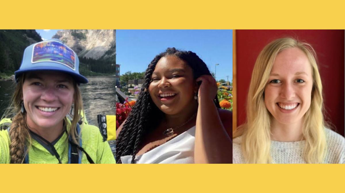 A collage of Priya Sulzer, Myka Dixon, and Izabel Johnson all smiling for a photo with a different background for each person