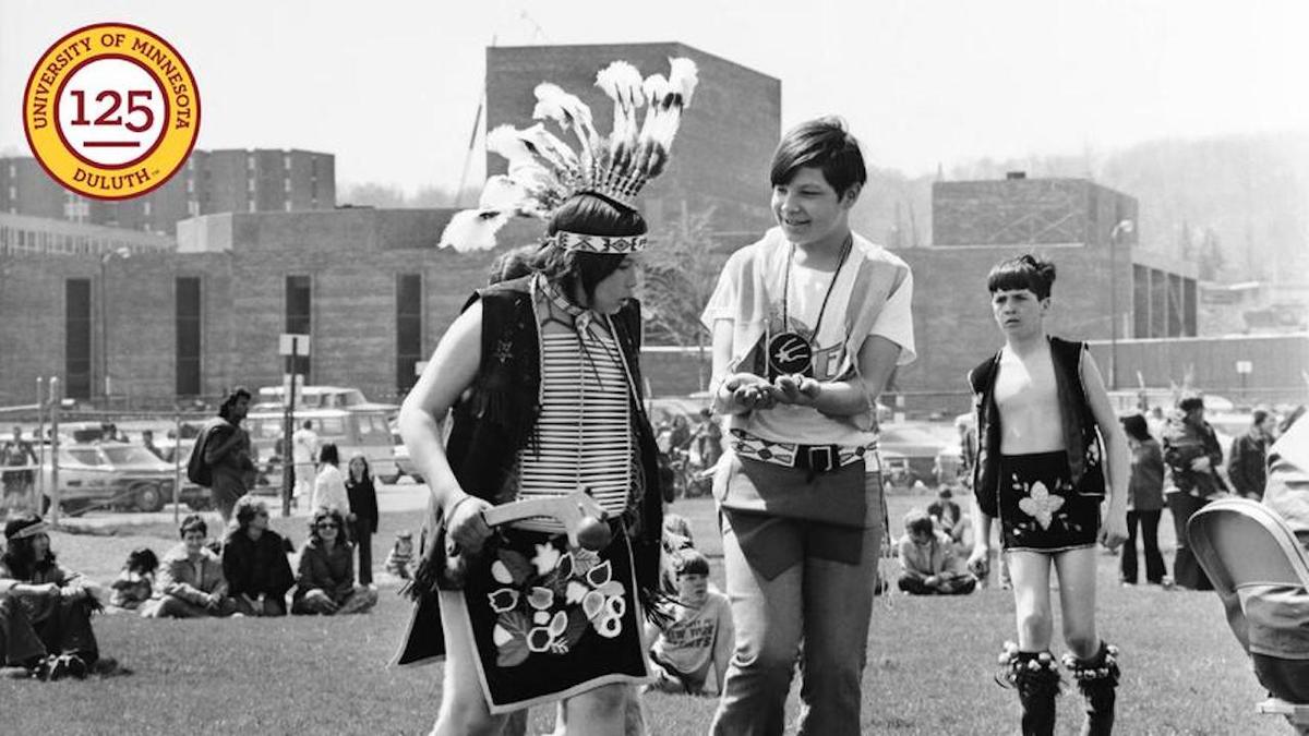 1973 several young American Indian dancers at Anishinaabe week on the UMD campus