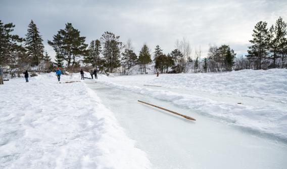 Snow snake, or wooden pole-like object, gliding down an icy run on Rock Pond