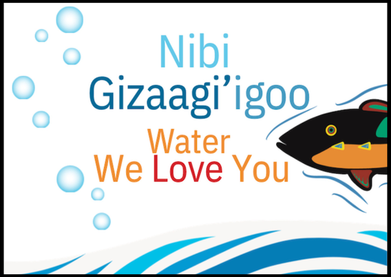 Book cover Nibi Gizaagi'igoo Water We Love You, with a colorful fish drawing