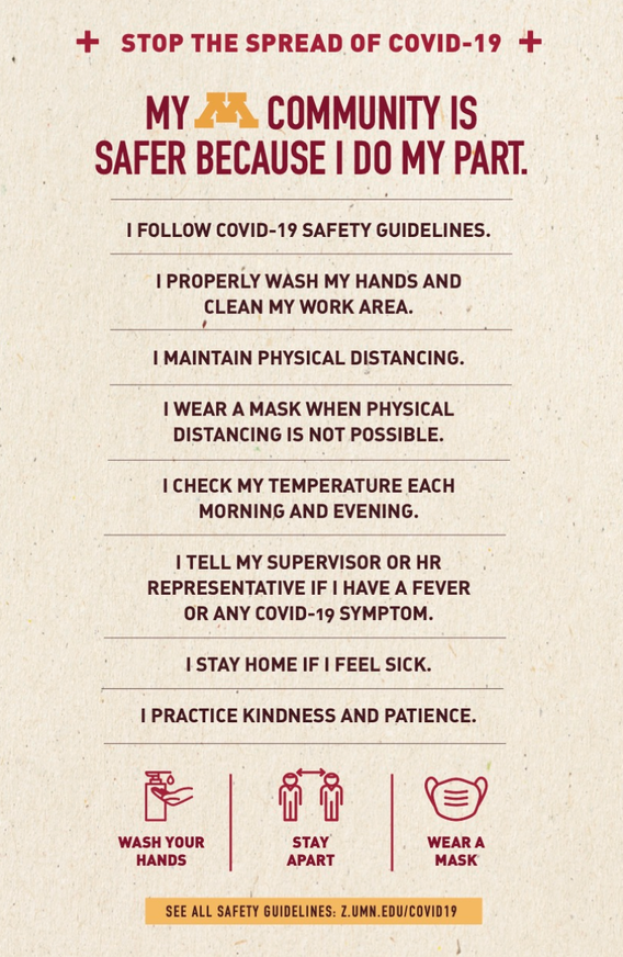 Poster containing tips to stop help the spread of COVID-19.  Wash your hands, stay apart, and wear a mask.