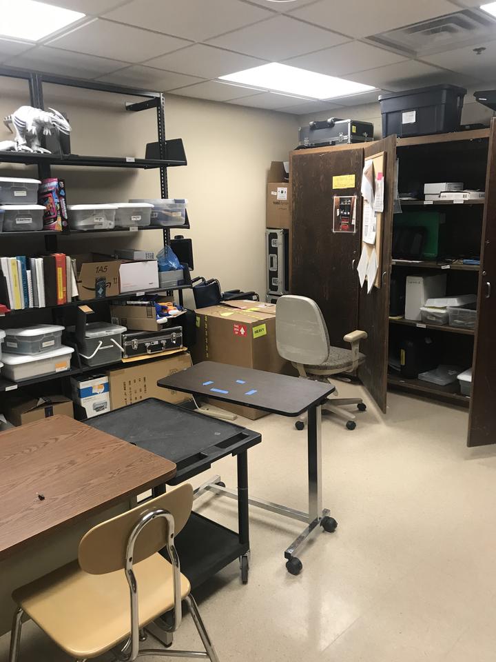 lab with shelves on the left, large wood cabinet on the right, desk and carts in the front
