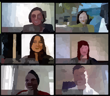 Zoom video conference grid with six faces that are blurred