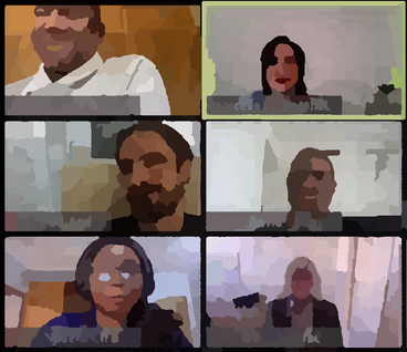Zoom video conference grid with six faces that are blurred