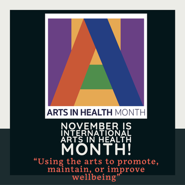 A graphic stating that November is Arts in Health Month--with quotes, "Using the arts to promote, maintain, or improve wellbeing"